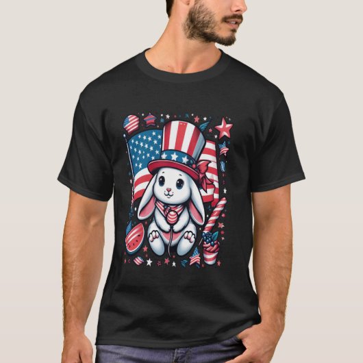 7月4日愛国的なバニーUSAアメリカ国旗ラブ Tシャツ (正面)