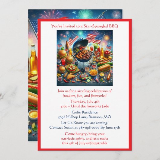 7月4日愛国的な休日BBQ招待状 招待状 (正面/裏面)
