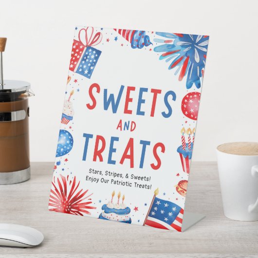 7月4日愛国的な夏のスイーツ&お菓子の看板 台座サイン (インサイチュ)