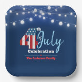 7月4日愛国的赤白青灯USA国旗 ペーパープレート (正面)