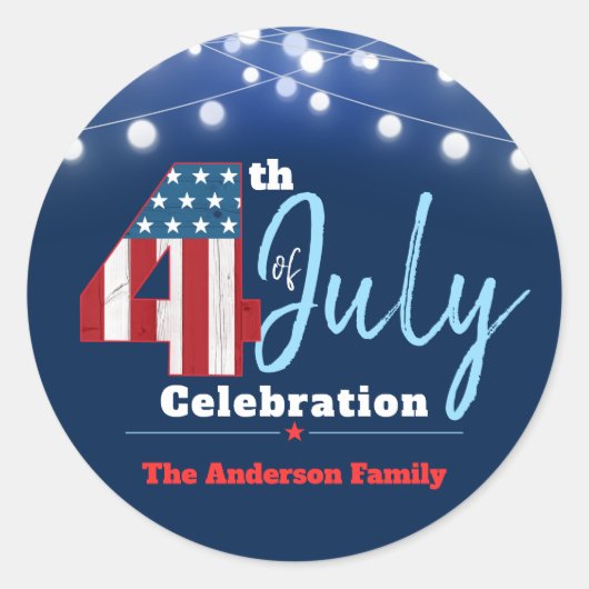 7月4日愛国的赤白青米国国旗モダン ラウンドシール (正面)