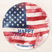 7月4日愛国米国国旗カスタムHappy 4 ラウンドペーパーコースター (正面)