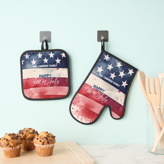 7月4日愛国米国国旗カスタムHappy 4 鍋つかみ&鍋敷きセット (インサイチュ (吊り下げ))