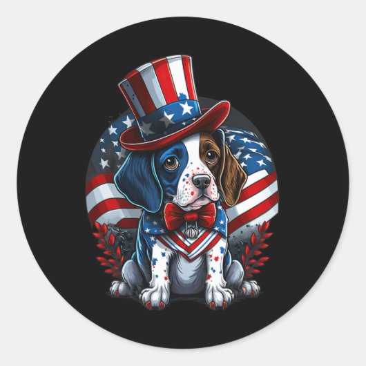 7月4日愛国英語指針犬アメリカ国旗 ラウンドシール (正面)