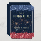 7月4日招待状ブルー&レッドスパークル 招待状 (正面/裏面)