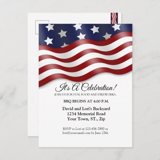 7月4日招待状赤白青国旗なびく インビテーションポストカード (正面/裏面)