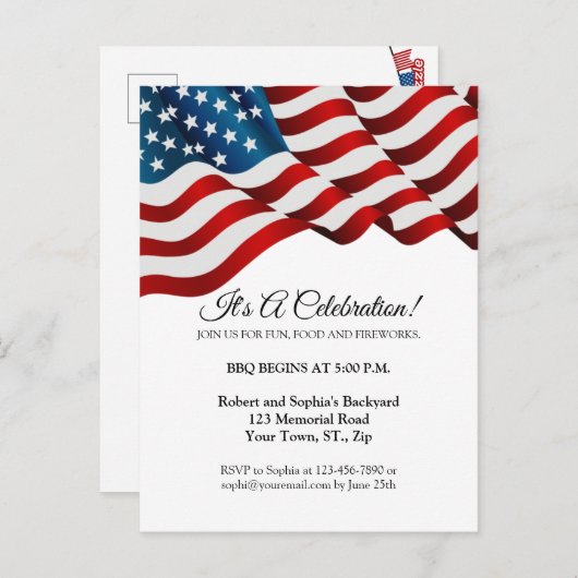 7月4日招待状 赤白青の旗がなびく ポストカード (正面/裏面)