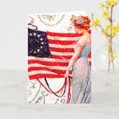 7月4日旗の女性ヴィンテージの郵便はがきの芸術 カード (黄色い花)