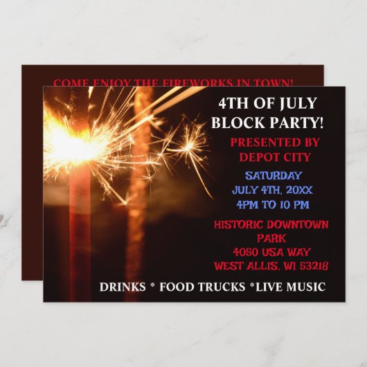 7月4日独立型ブロックパーティースパークラー 招待状 (正面/裏面)