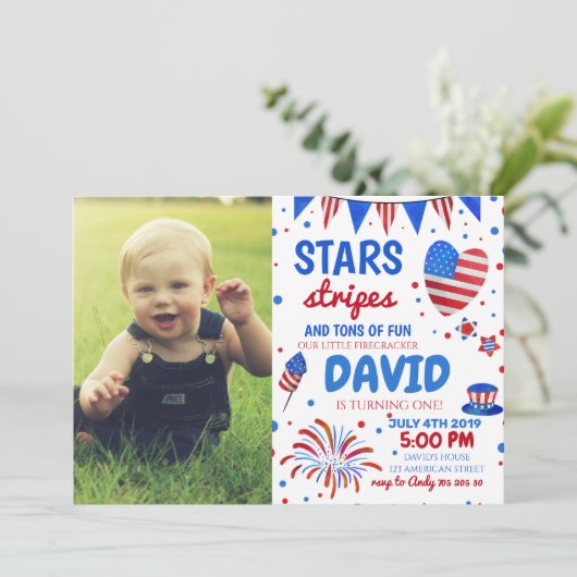 7月4日生まれの男の子の1歳の誕生日 招待状 (スタンド正面)