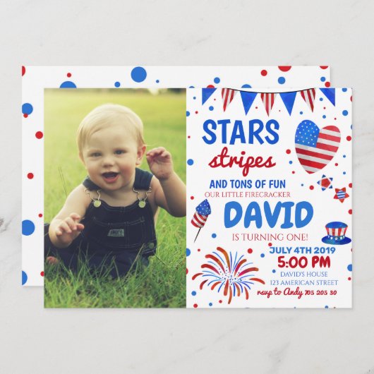 7月4日生まれの男の子の1歳の誕生日 招待状 (正面/裏面)