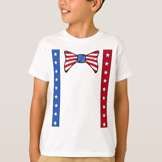 7月4日用サスペンダーとボウタイ アメリカ国旗 Tシャツ (正面)