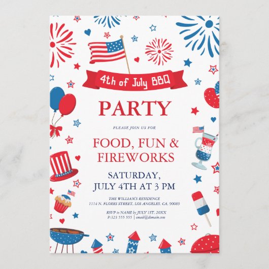 7月4日祭りバーベキュー境界フレーム 招待状 (正面)