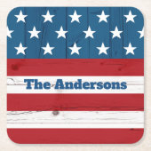 7月4日素朴木アメリカ国旗の愛国的な名前 スクエアペーパーコースター (正面)