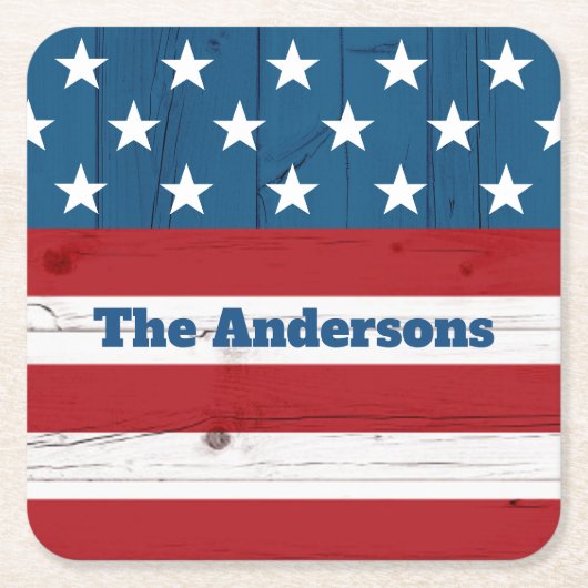 7月4日素朴木アメリカ国旗の愛国的な名前 スクエアペーパーコースター (正面)