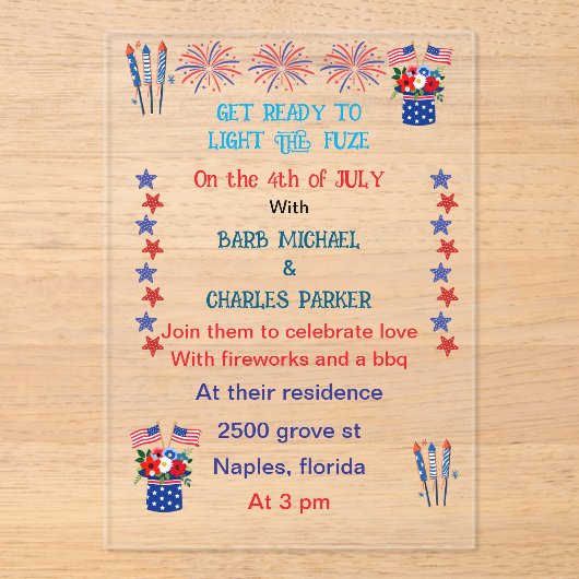 7月4日結婚式招待状フラグの色 アクリル招待状 (正面)