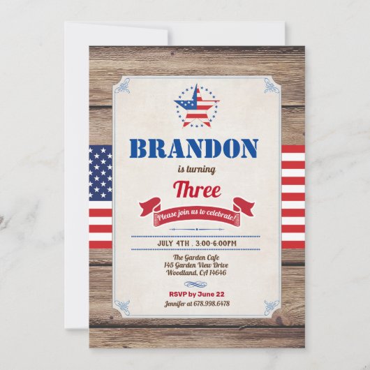7月4日誕生日の男の子独立記念日 招待状 (正面)