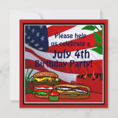 7月4日誕生日グリルピクニックハンバーガー ホットドッグ 招待状 (正面)
