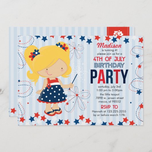 7月4日誕生日パーティ子供へー 招待状 (正面/裏面)