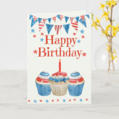 7月4日誕生日レッドホワイトブルーカップケーキ カード (黄色い花)