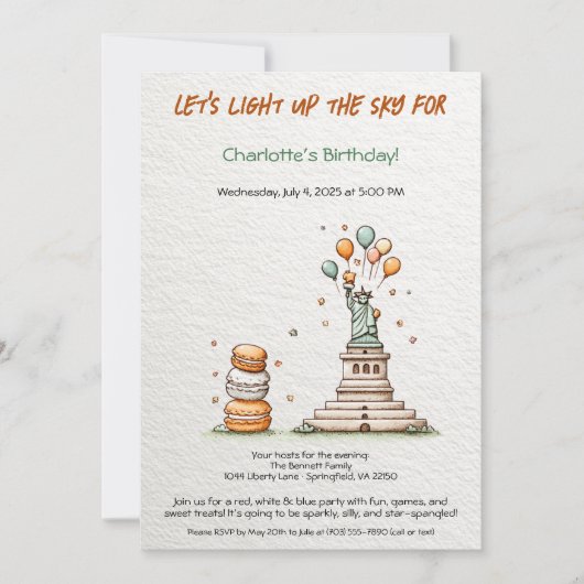 7月4日誕生日招待状- Cute Liberty 招待状 (正面)