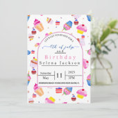 7月4日誕生日 ピンクのカップケーキにアメリカ国旗  招待状 (スタンド正面)