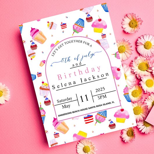 7月4日誕生日 ピンクのカップケーキにアメリカ国旗  招待状