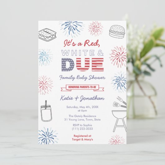 7月4日赤いホワイトデューファミリーベビーシャワーパーティー 招待状 (スタンド正面)