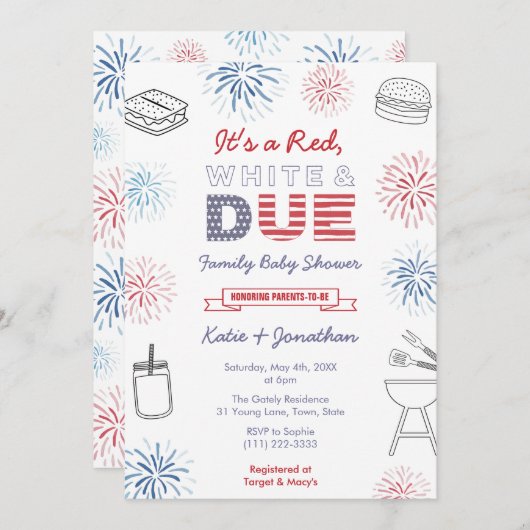 7月4日赤いホワイトデューファミリーベビーシャワーパーティー 招待状 (正面/裏面)