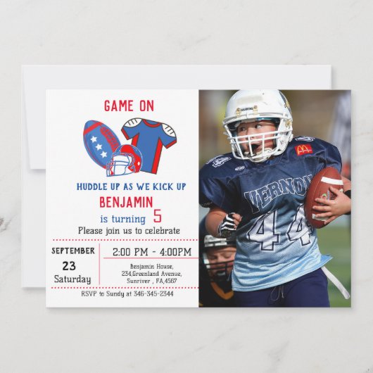 7月4日赤白青サッカー少年の誕生日 招待状 (正面)