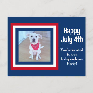 7月4日赤白青ストライプの写真招待状犬 ポストカード