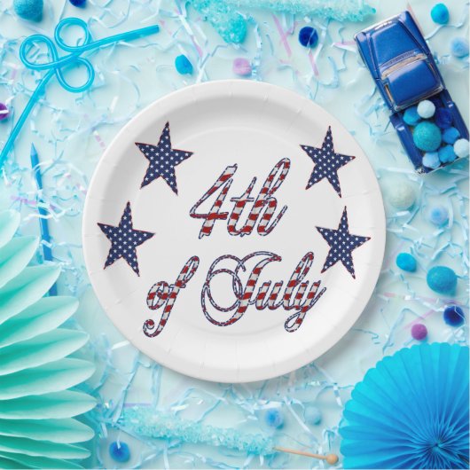 7月4日赤白青文字星条旗 ペーパープレート (パーティー)