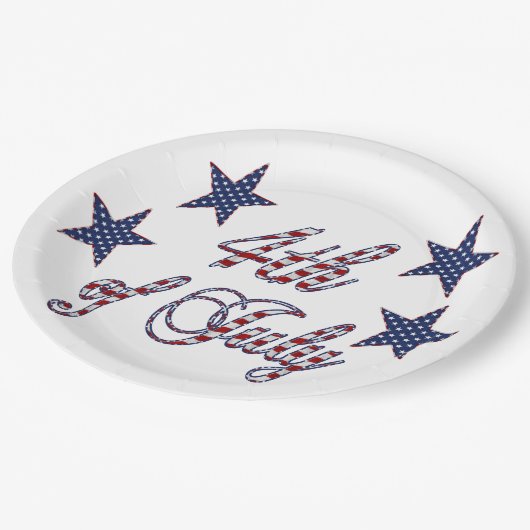 7月4日赤白青文字星条旗 ペーパープレート (アングル)