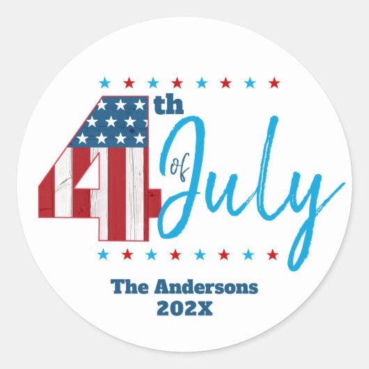 7月4日赤白青米国国旗はっきりした モダン ラウンドシール (正面)