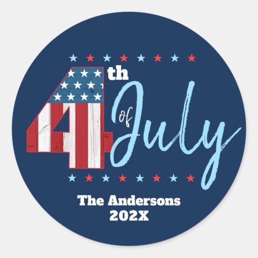 7月4日赤白青米国旗モダン海軍 ラウンドシール (正面)