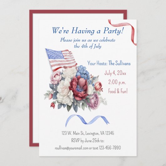 7月4日赤白青花模様国旗 招待状 (正面/裏面)