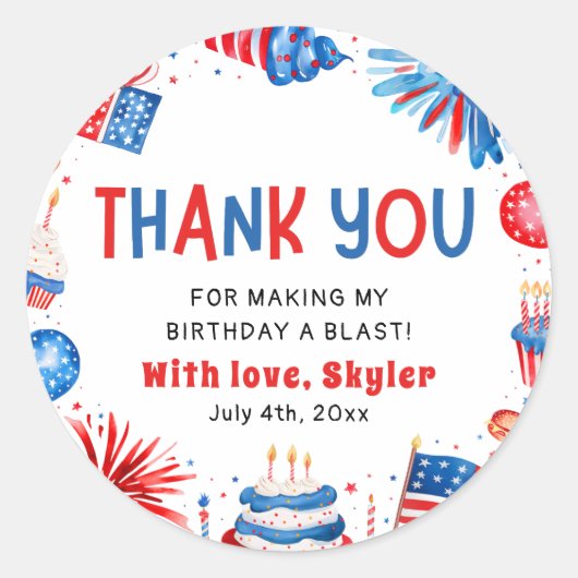 7月4日赤白青誕生日ありがとう ラウンドシール (正面)
