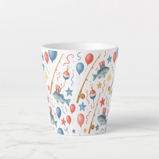 7月4日魚釣り愛好家のための独立記念日パーティー カフェラテマグ (正面)