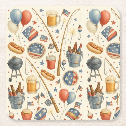 7月4日魚釣り愛好家のための独立記念日パーティー スクエアペーパーコースター (正面)