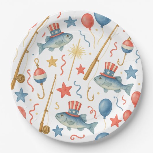 7月4日魚釣り愛好家のための独立記念日パーティー ペーパープレート (正面)