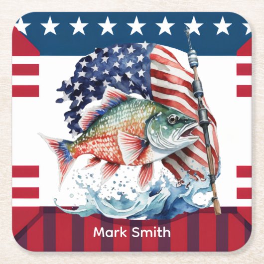 7月4日魚釣り愛好家のための独立記念日 スクエアペーパーコースター (正面)