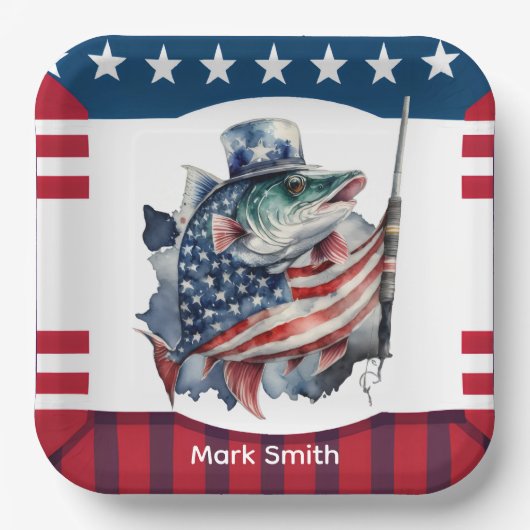 7月4日魚釣り愛好家のための独立記念日 ペーパープレート (正面)