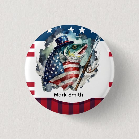 7月4日魚釣り愛好家のための独立記念日 缶バッジ (正面)