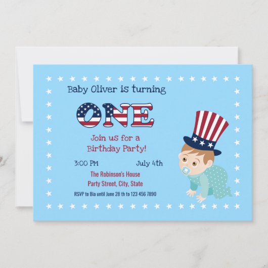 7月4日1日バースデーボーイパーティの招待状 招待状 (正面)