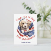 7月4日 アメリカ国旗 かわいい子犬 ポストカード (スタンド正面)