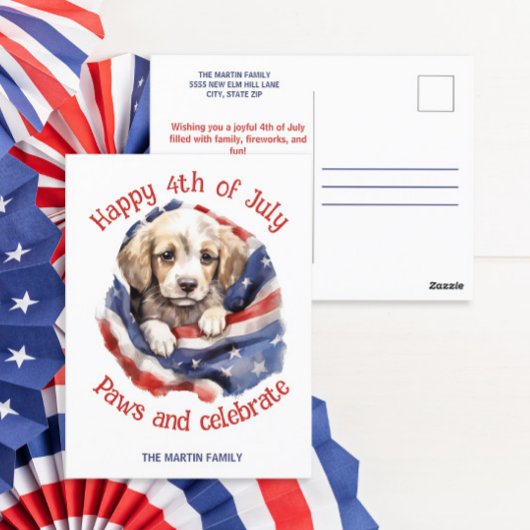7月4日 アメリカ国旗 かわいい子犬 ポストカード