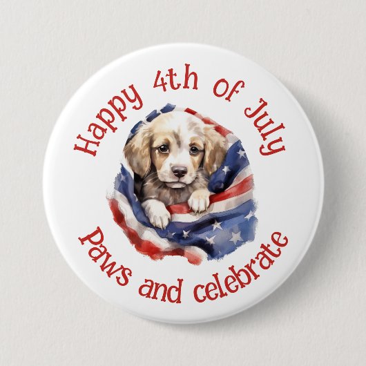 7月4日 アメリカ国旗 かわいい子犬 缶バッジ (正面)