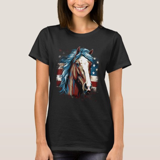 7月4日 アメリカ国旗 馬 2 Tシャツ (正面)