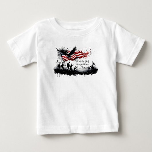 7月4日 アメリカ独立記念日のフラグと兵士の愛国アート ベビーTシャツ (正面)