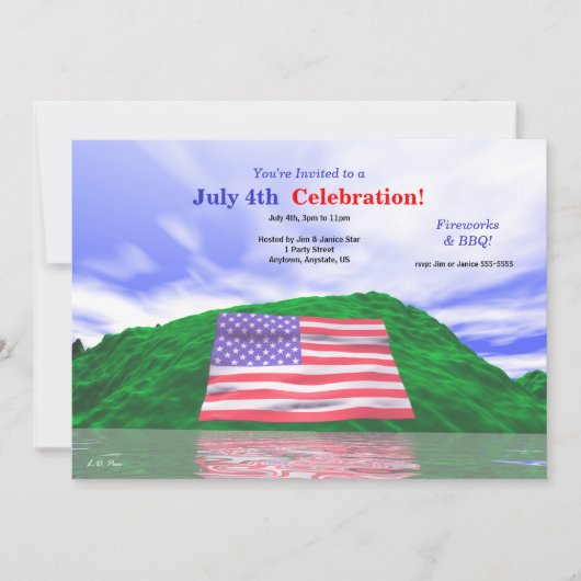 7月4日 アメリカ独立記念日 セレブレーション アメリカ国旗と緑の丘 招待状 (正面)